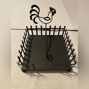 Rooster on fence square black iron metal VTG napkin holder